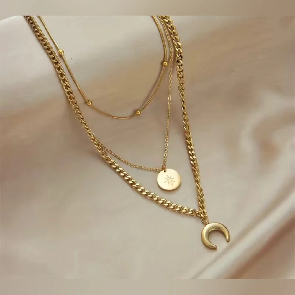 NWT Stainless Steel Geometry Star Moon Pendant Multi Layer Necklace - Picture 3 of 5